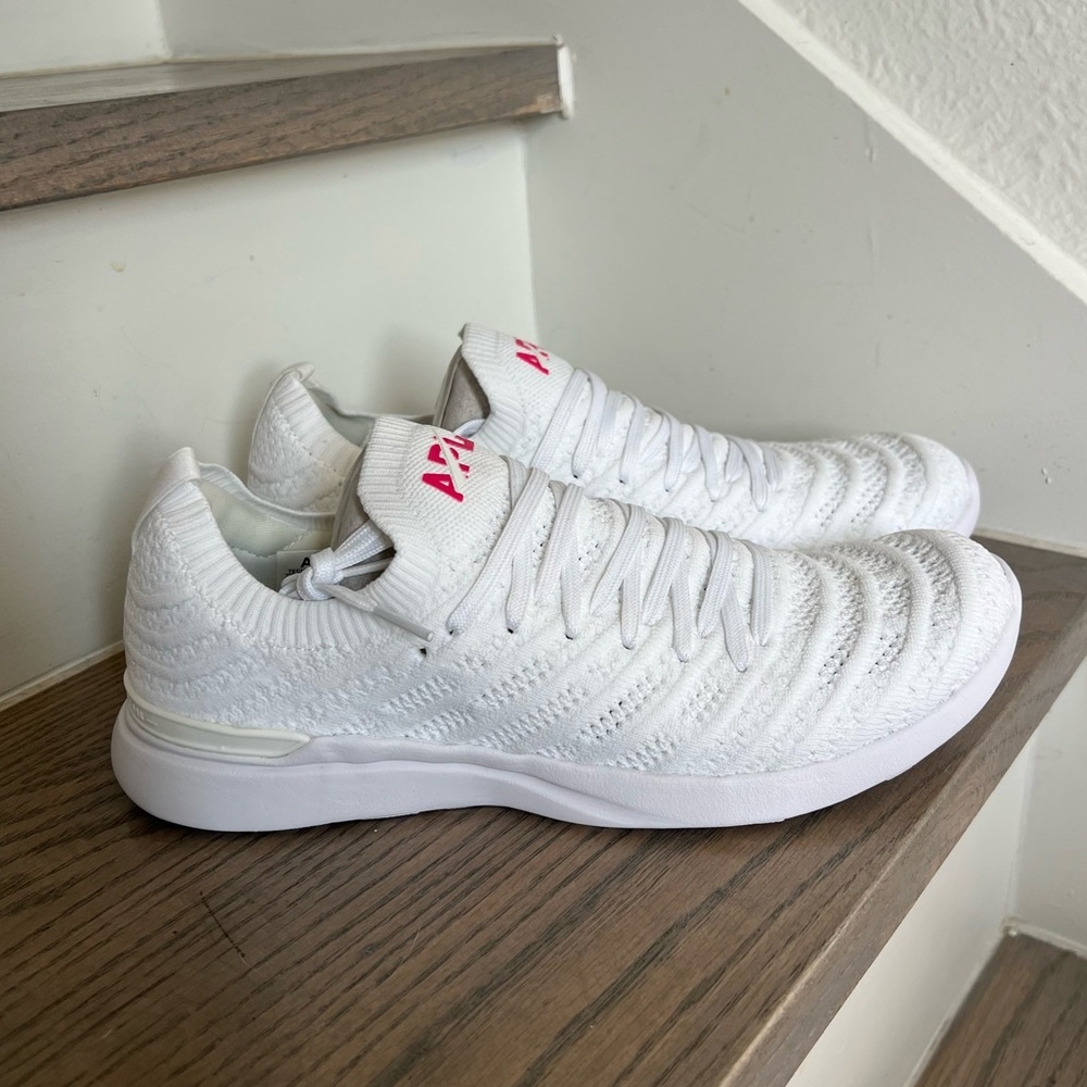 New APL ATHLETIC PROPULSION LABS TechLoom Wave Sneaker in White & Neon Pink